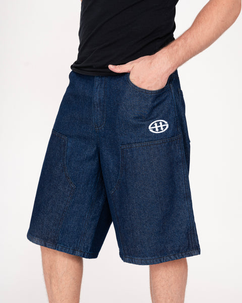 DENIM DOUBLE KNEE UTILITY SHORTS IN INDIGO