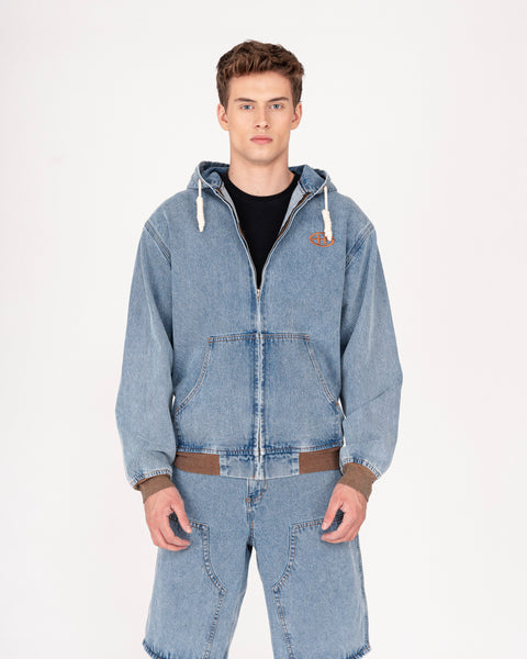 DENIM HOODED JACKET IN STONE LIGHT