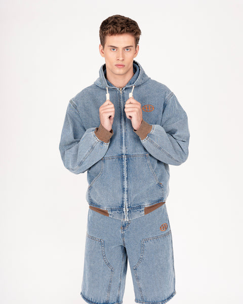 DENIM HOODED JACKET IN STONE LIGHT