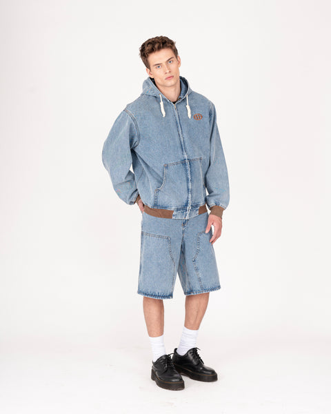 DENIM DOUBLE KNEE UTILITY SHORTS IN STONE LIGHT