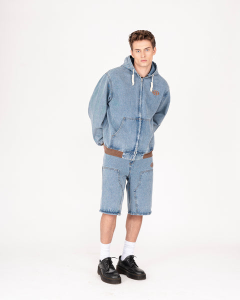 DENIM DOUBLE KNEE UTILITY SHORTS IN STONE LIGHT