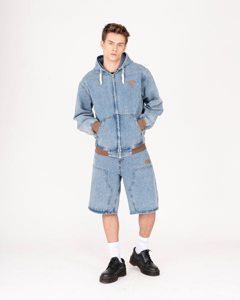 DENIM DOUBLE KNEE UTILITY SHORTS IN STONE LIGHT