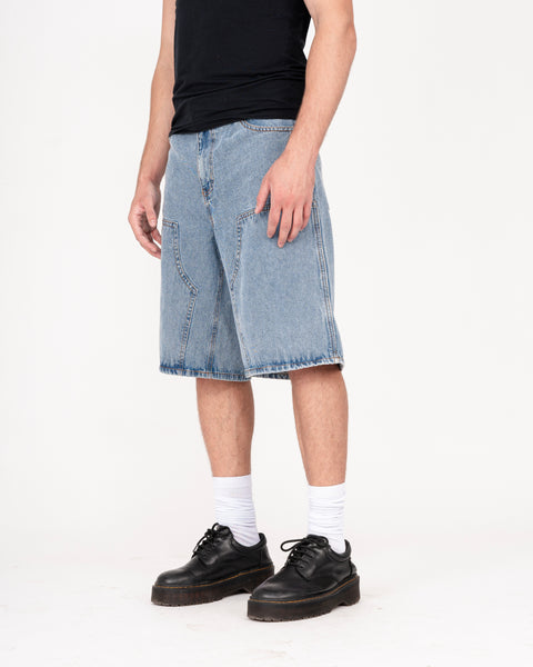 DENIM DOUBLE KNEE UTILITY SHORTS IN STONE LIGHT