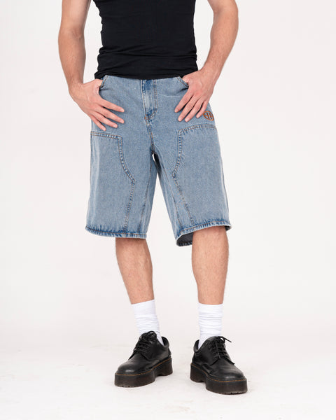 DENIM DOUBLE KNEE UTILITY SHORTS IN STONE LIGHT