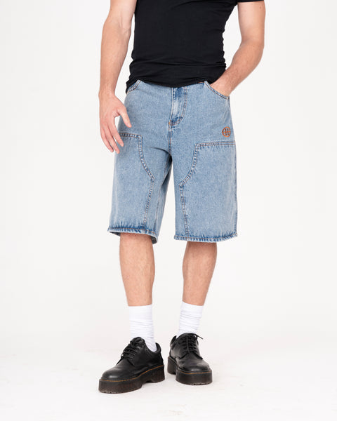 DENIM DOUBLE KNEE UTILITY SHORTS IN STONE LIGHT