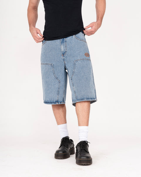 DENIM DOUBLE KNEE UTILITY SHORTS IN STONE LIGHT