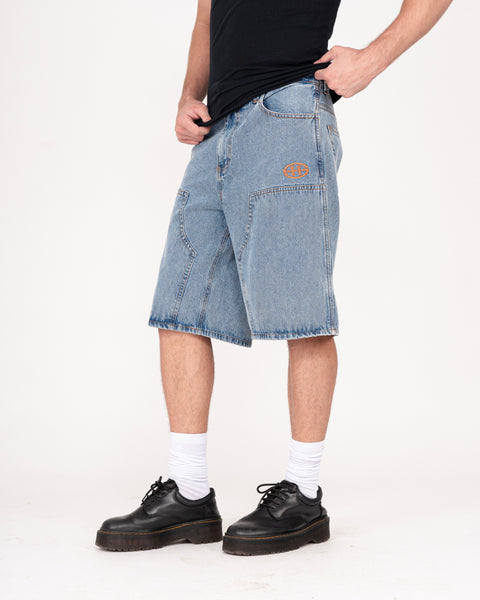 DENIM DOUBLE KNEE UTILITY SHORTS IN STONE LIGHT