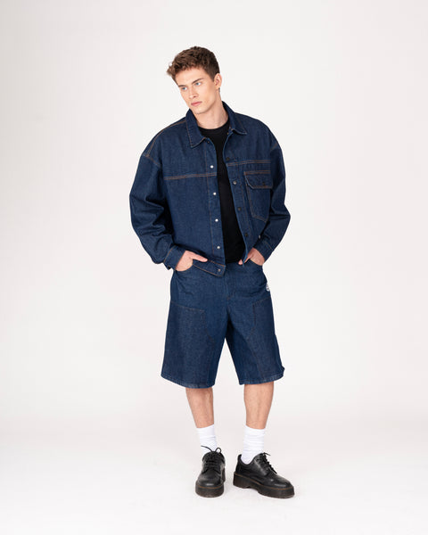 DENIM DOUBLE KNEE UTILITY SHORTS IN INDIGO