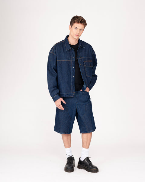 DENIM DOUBLE KNEE UTILITY SHORTS IN INDIGO