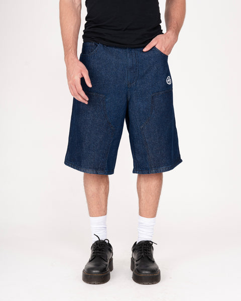 DENIM DOUBLE KNEE UTILITY SHORTS IN INDIGO