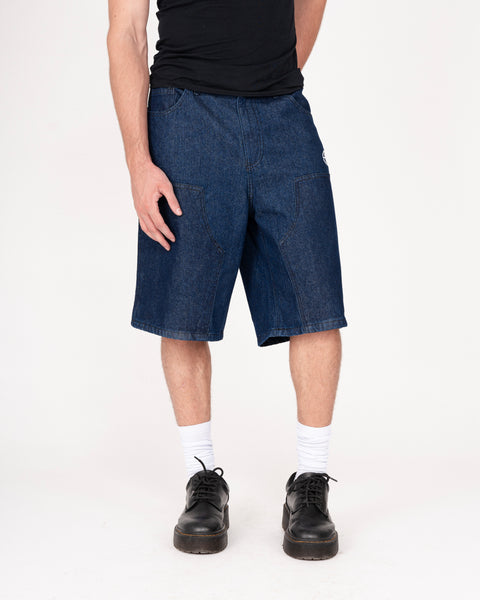 DENIM DOUBLE KNEE UTILITY SHORTS IN INDIGO