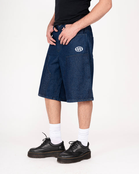 DENIM DOUBLE KNEE UTILITY SHORTS IN INDIGO