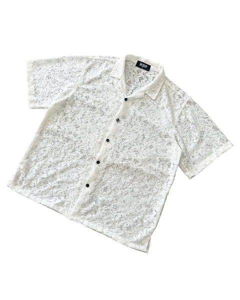 LACE OPEN COLLAR SHIRT - WHITE