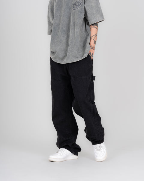 DENIM DOUBLE KNEE UTILITY PANTS - BLACK