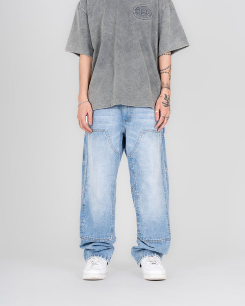 DENIM DOUBLE KNEE UTILITY PANTS - STONE LIGHT