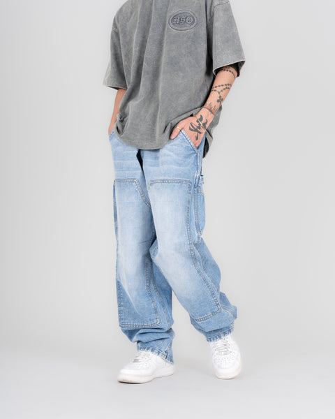 DENIM DOUBLE KNEE UTILITY PANTS - STONE LIGHT