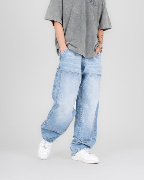 DENIM DOUBLE KNEE UTILITY PANTS - STONE LIGHT