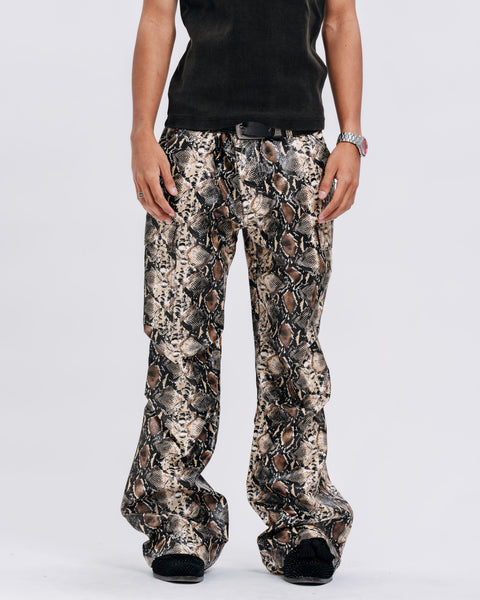 LEATHER SNAKE FLARED PANTS
