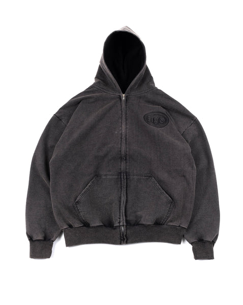 EMBOSSED HOODIE W/ ZIP IN WASHED BLACK