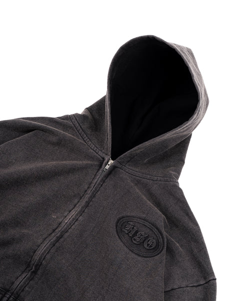 EMBOSSED HOODIE W/ ZIP IN WASHED BLACK