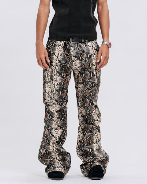 LEATHER SNAKE FLARED PANTS