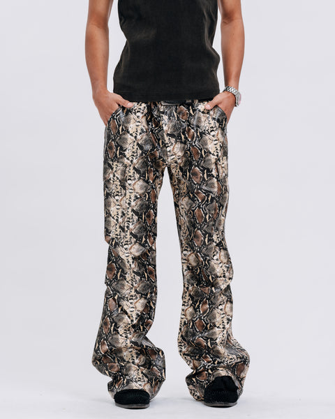 LEATHER SNAKE FLARED PANTS