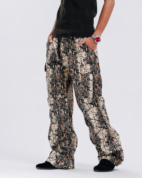 LEATHER SNAKE FLARED PANTS
