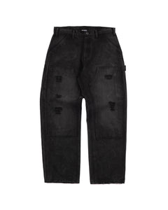 RIPPED DENIM DOUBLE KNEE UTILITY PANTS - BLACK