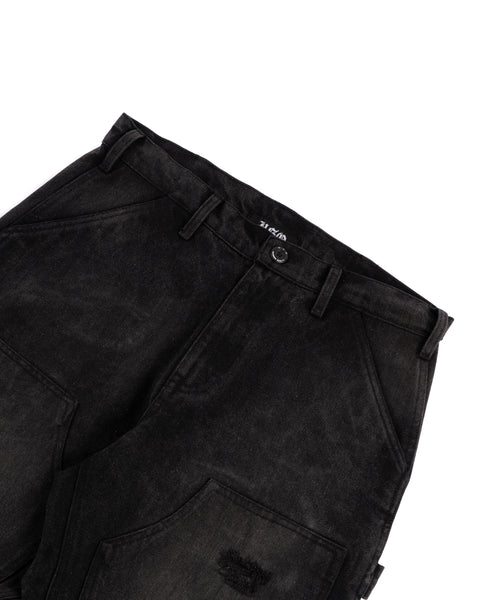 RIPPED DENIM DOUBLE KNEE UTILITY PANTS - BLACK