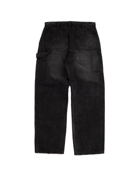 RIPPED DENIM DOUBLE KNEE UTILITY PANTS - BLACK