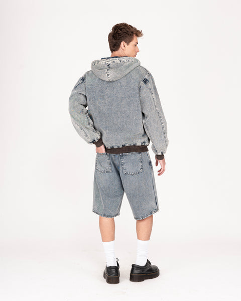 DENIM DOUBLE KNEE UTILITY SHORTS IN TINTED WASH