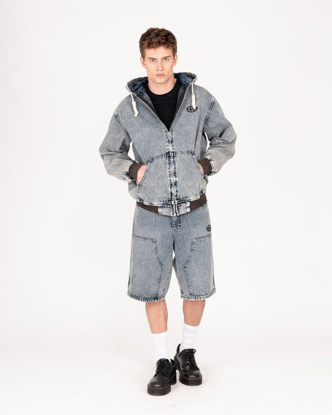 DENIM DOUBLE KNEE UTILITY SHORTS IN TINTED WASH