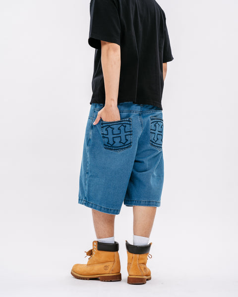 EMBLEM STITCH LIGHT DENIM SHORTS