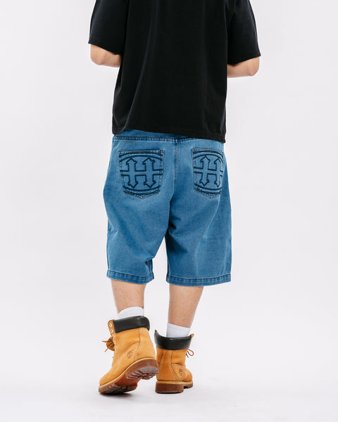 EMBLEM STITCH LIGHT DENIM SHORTS