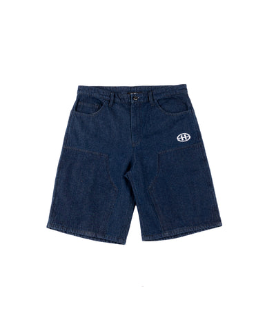 DENIM DOUBLE KNEE UTILITY SHORTS IN INDIGO