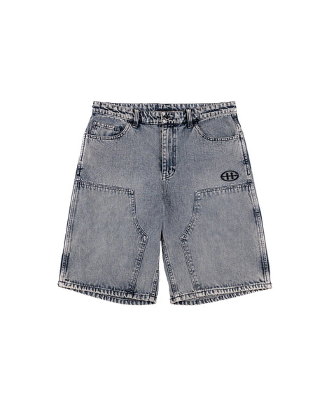 DENIM DOUBLE KNEE UTILITY SHORTS IN TINTED WASH