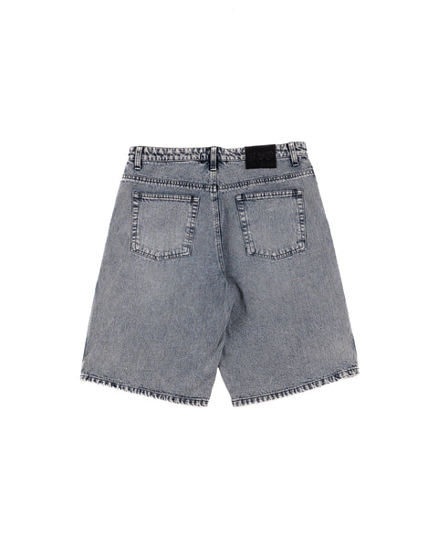 DENIM DOUBLE KNEE UTILITY SHORTS IN TINTED WASH