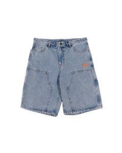 DENIM DOUBLE KNEE UTILITY SHORTS IN STONE LIGHT