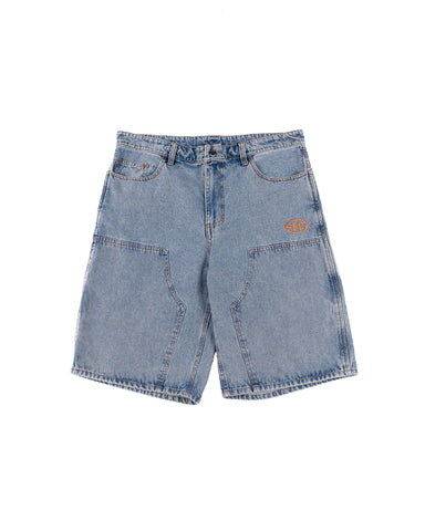 DENIM DOUBLE KNEE UTILITY SHORTS IN STONE LIGHT