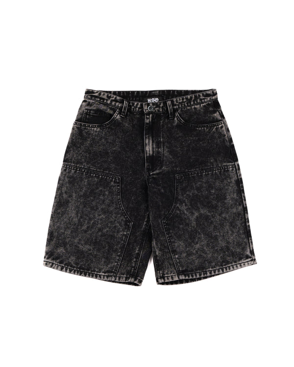 DENIM DOUBLE KNEE UTILITY SHORTS IN ACID BLACK