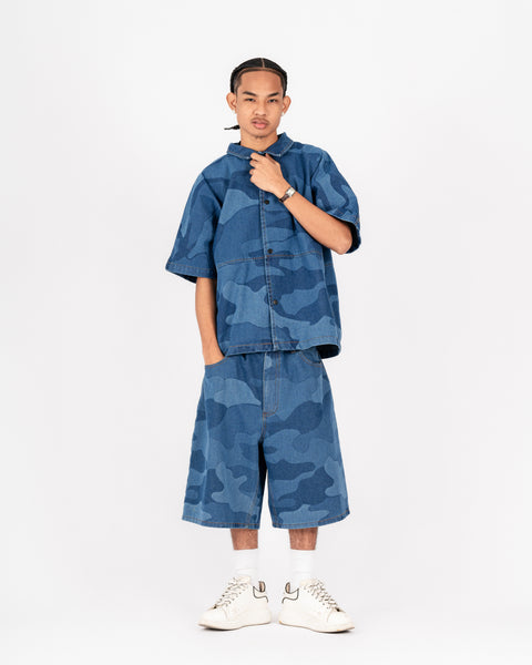 WASHED DENIM BAGGY SHORT CAMOU