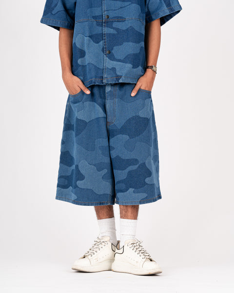 WASHED DENIM BAGGY SHORT CAMOU