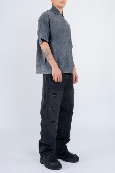 BUTTON DOWN SHIRT W/ZIPPER IN ACID WASHED CHARCOAL