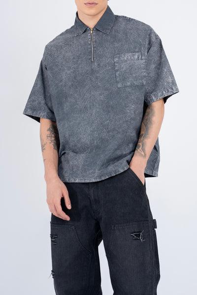 BUTTON DOWN SHIRT W/ZIPPER IN ACID WASHED CHARCOAL