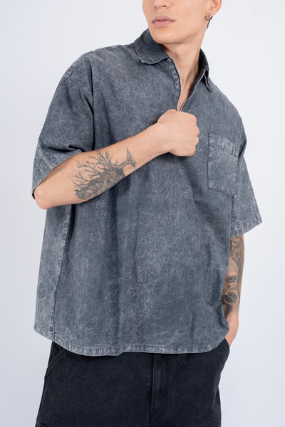 BUTTON DOWN SHIRT W/ZIPPER IN ACID WASHED CHARCOAL