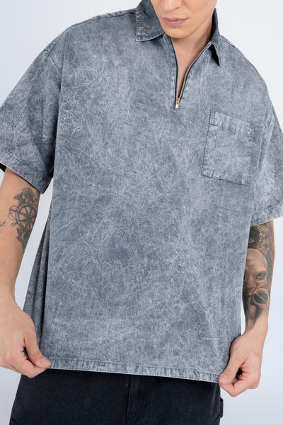 BUTTON DOWN SHIRT W/ZIPPER IN ACID WASHED GRAY