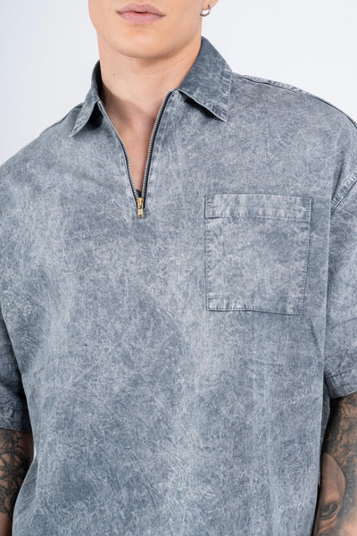 BUTTON DOWN SHIRT W/ZIPPER IN ACID WASHED GRAY