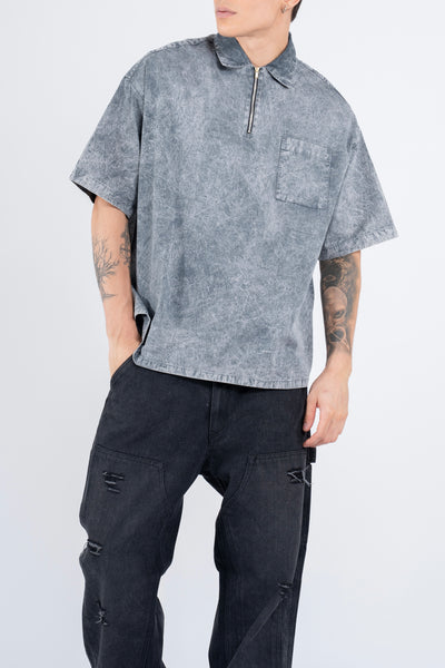 BUTTON DOWN SHIRT W/ZIPPER IN ACID WASHED GRAY