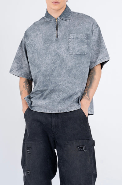 BUTTON DOWN SHIRT W/ZIPPER IN ACID WASHED GRAY