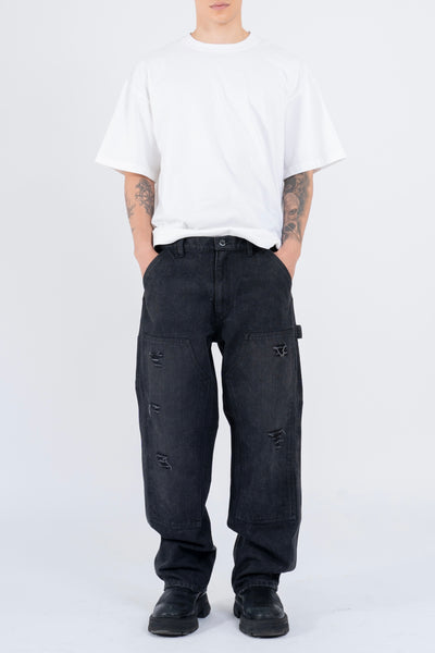 RIPPED DENIM DOUBLE KNEE UTILITY PANTS - BLACK